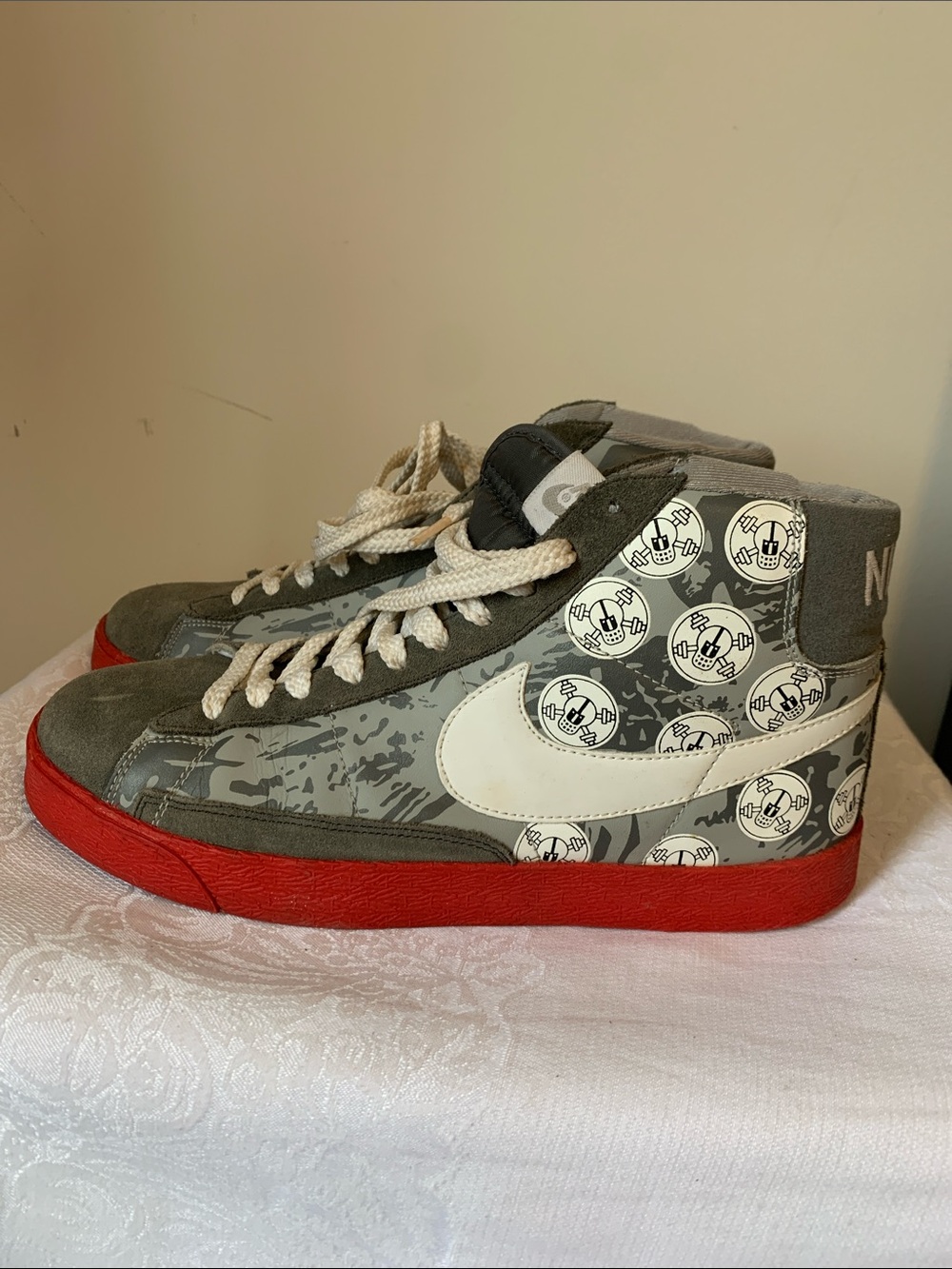 Nike Blazer Men’s High-Top Helmet & Cross Bones Sneaker in Gray, White & Red